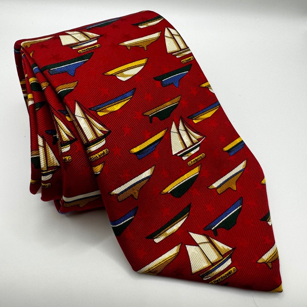 Lands End Mens Red Sailboat Nautical Silk Tie Vintage USA Luxury Designer
